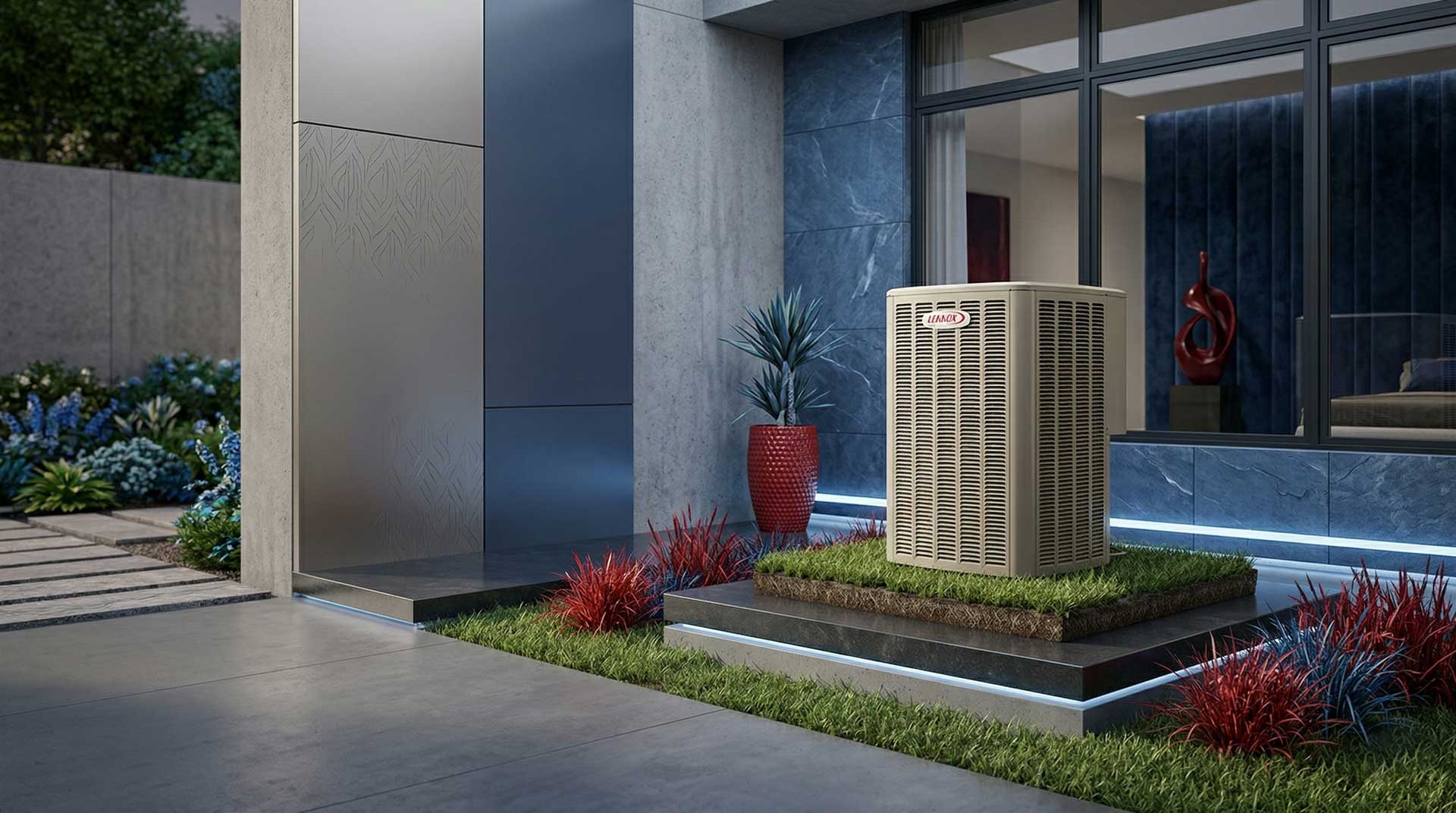Lennox high-efficiency air conditioner outdoor unit beside a modern luxury home
