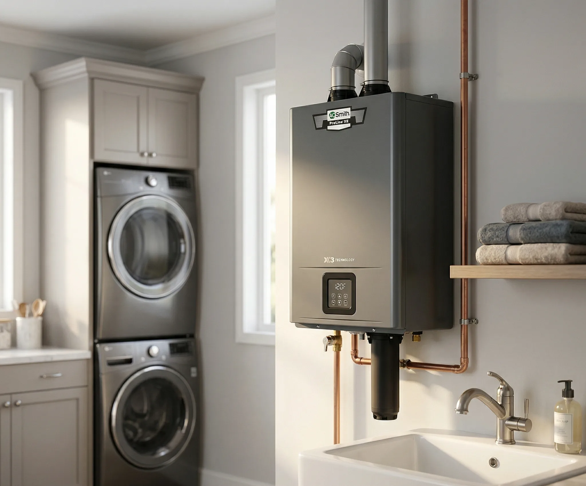 Modern tankless water heater units highlighting compact high-efficiency on-demand performance