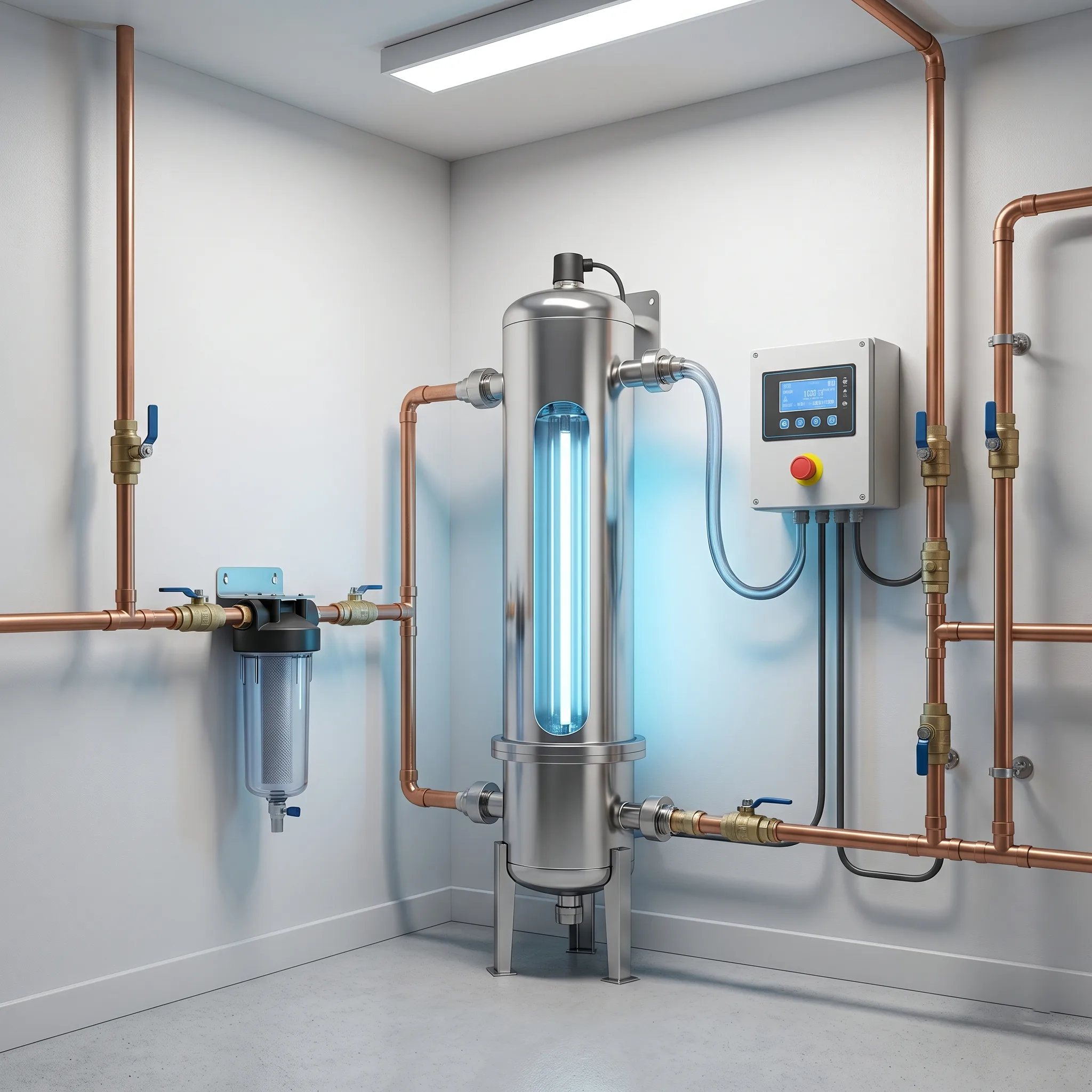 Ultraviolet water filter equipment designed for whole-home water disinfection