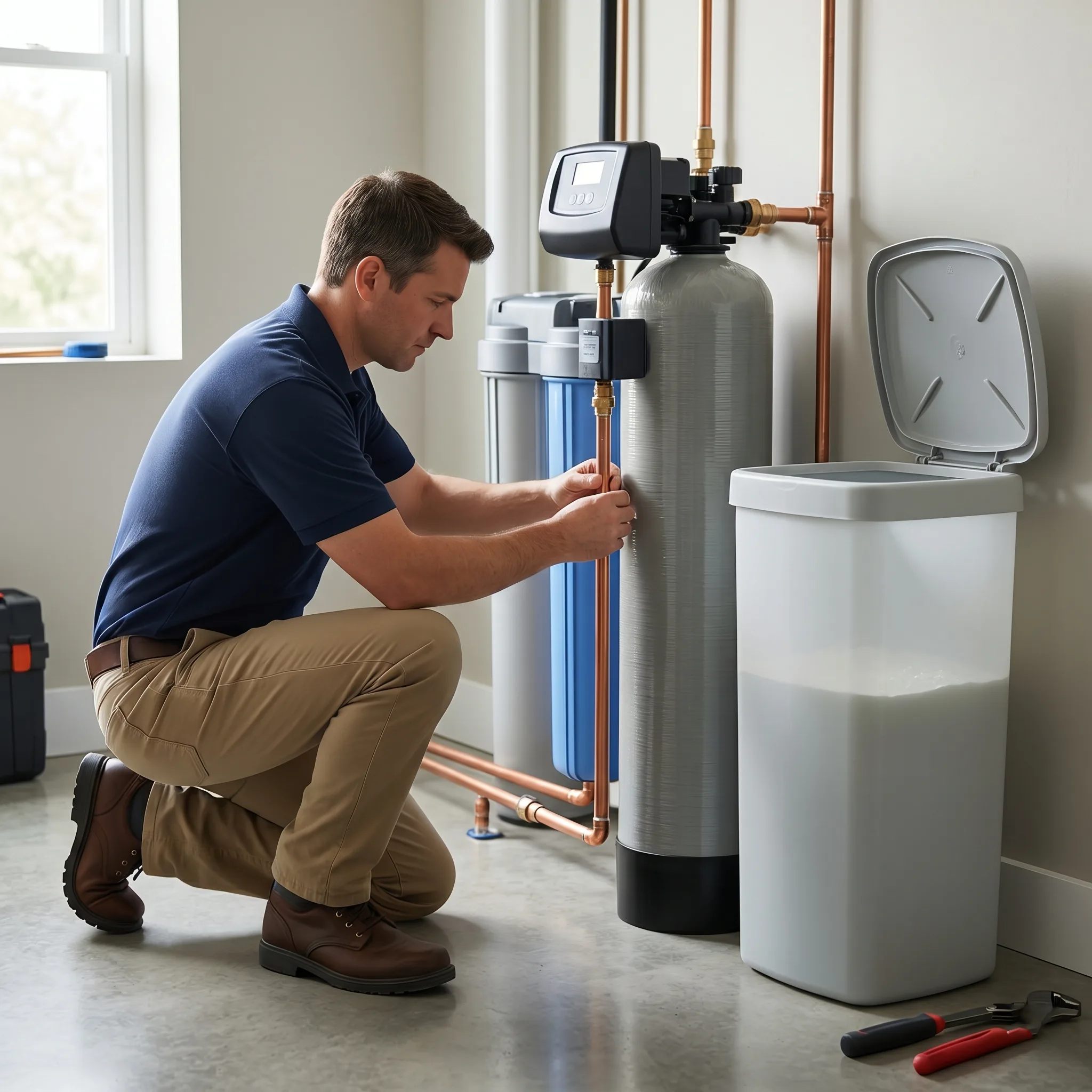 Water softener equipment designed to reduce hard water scale and improve whole-home water quality